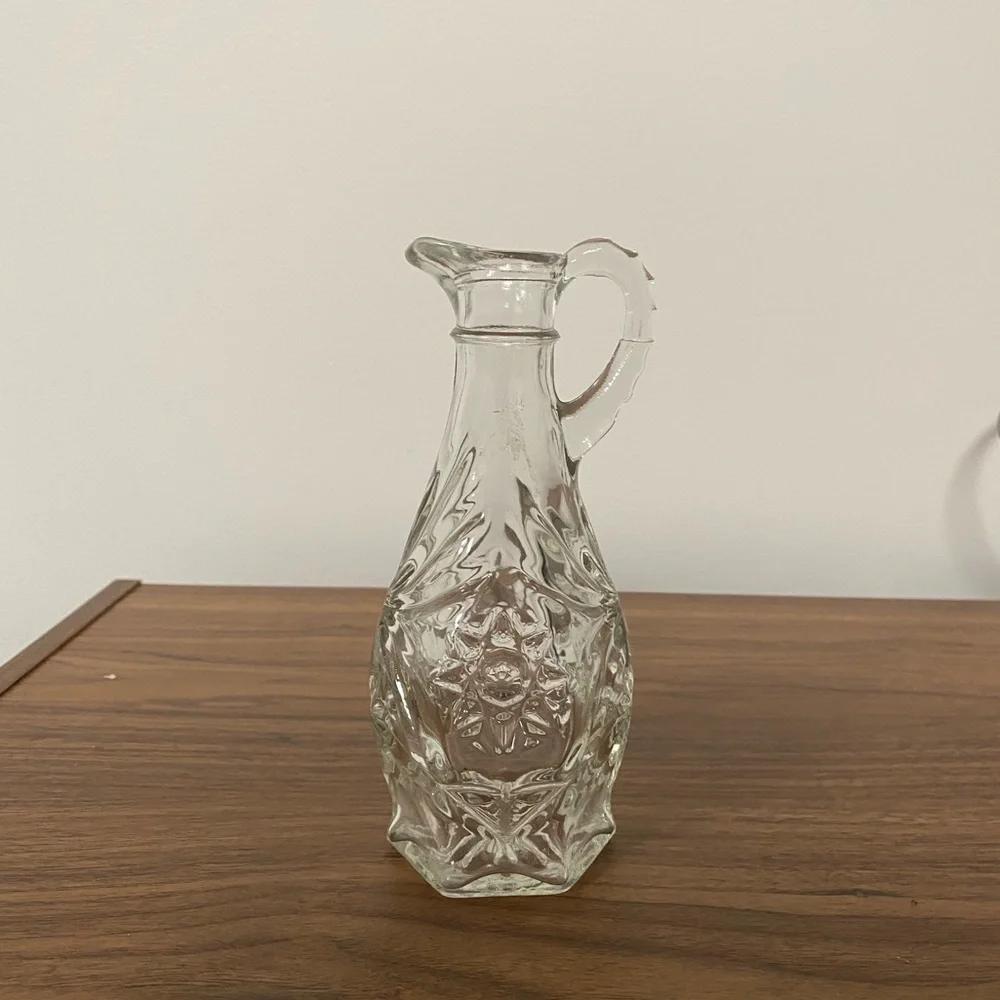 Vintage Clear‎ Pressed Glass Cruet Starburst Pattern Oil and Vinegar Bottle